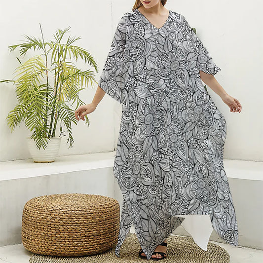 Monochrome Zentangle Pattern Print Silk V-Neck Kaftan Dress