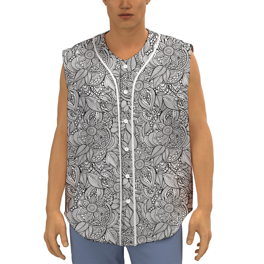 Monochrome Zentangle Pattern Print Sleeveless Baseball Jersey