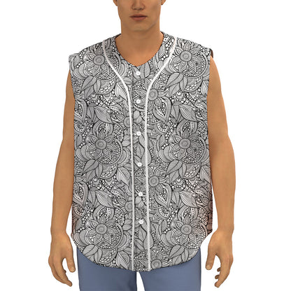 Monochrome Zentangle Pattern Print Sleeveless Baseball Jersey