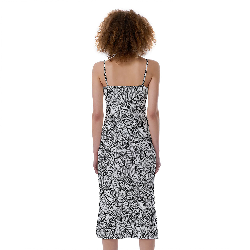 Monochrome Zentangle Pattern Print Slim Fit Midi Cami Dress