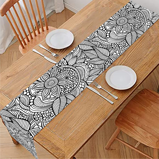 Monochrome Zentangle Pattern Print Table Runner