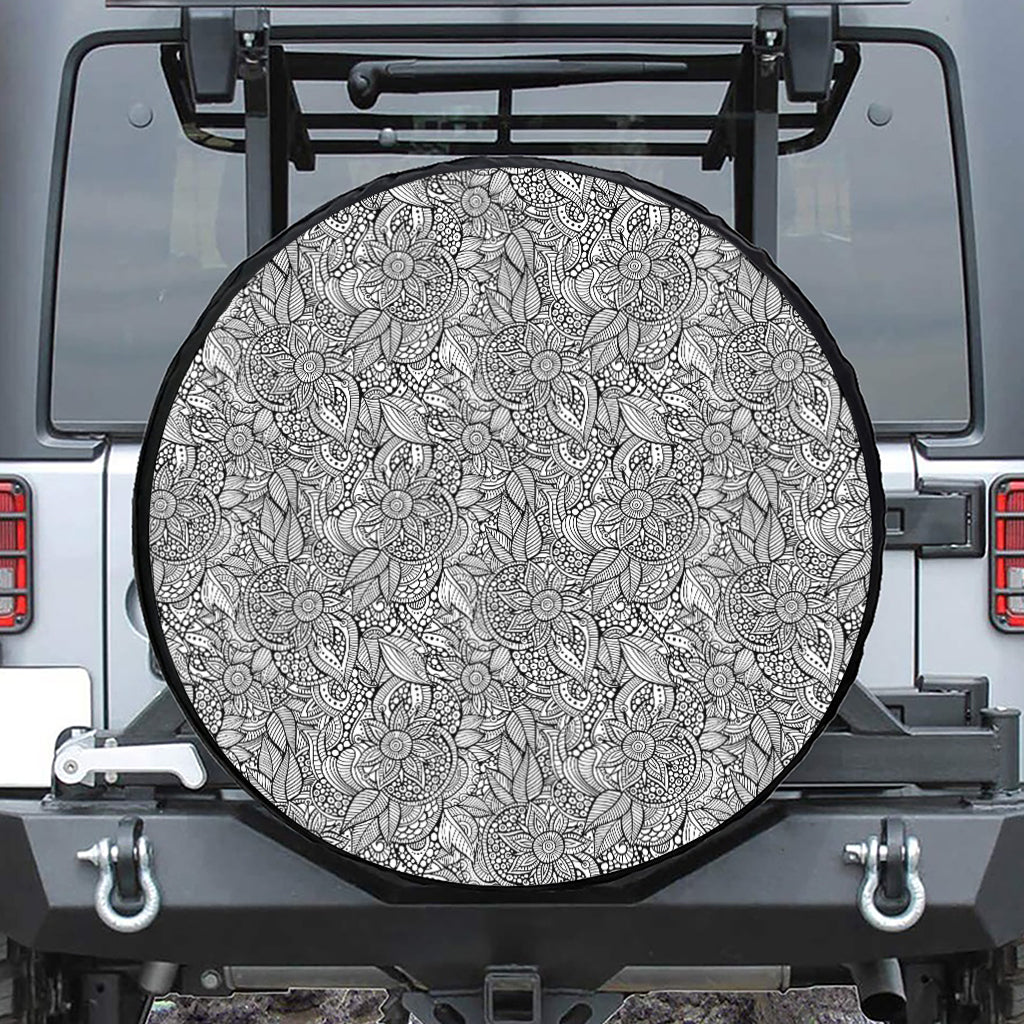 Monochrome Zentangle Pattern Print Tire Cover