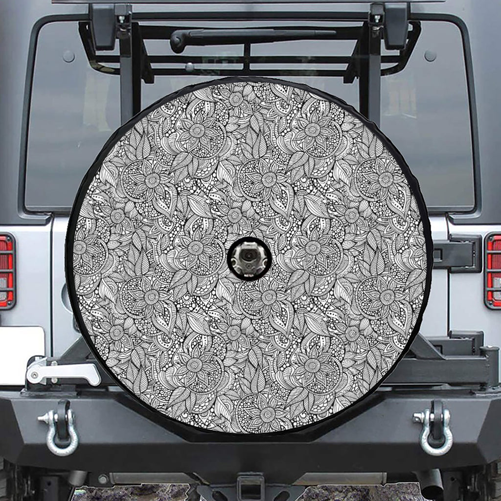 Monochrome Zentangle Pattern Print Tire Cover With Camera Hole