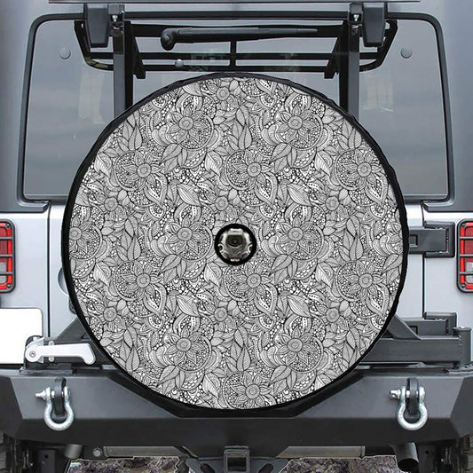 Monochrome Zentangle Pattern Print Tire Cover With Camera Hole