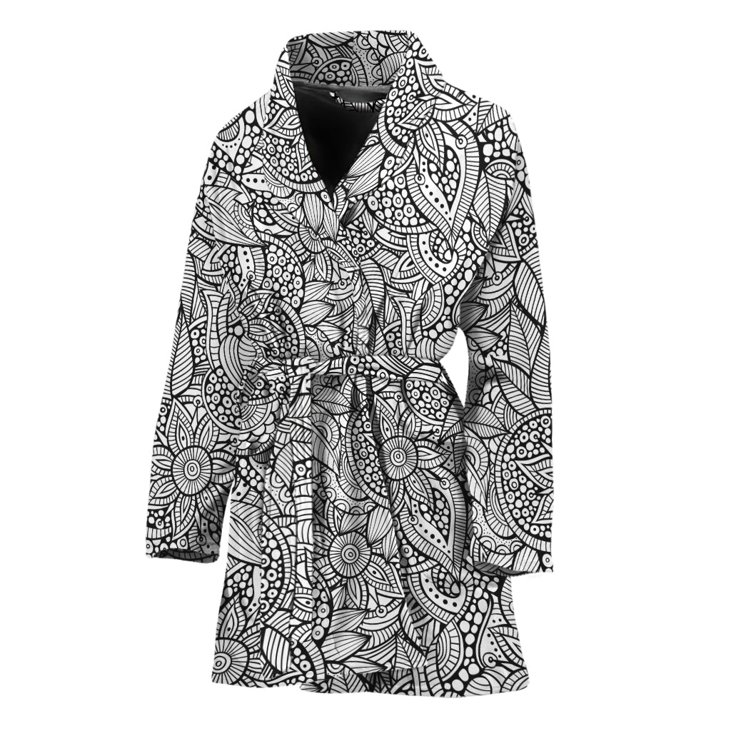 Monochrome Zentangle Pattern Print Women's Bathrobe