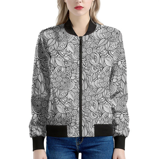 Monochrome Zentangle Pattern Print Women's Bomber Jacket
