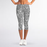 Monochrome Zentangle Pattern Print Women's Capri Leggings