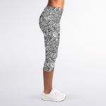 Monochrome Zentangle Pattern Print Women's Capri Leggings
