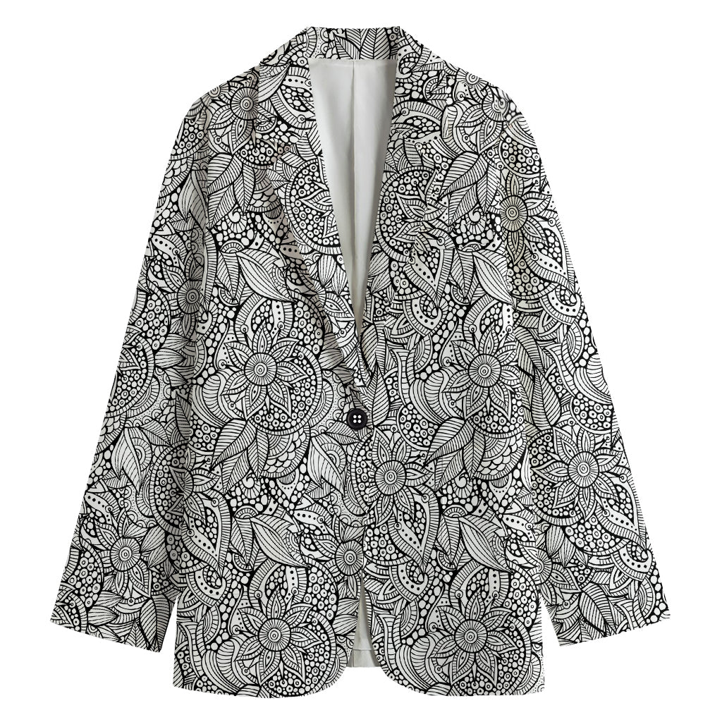 Monochrome Zentangle Pattern Print Women's Cotton Blazer