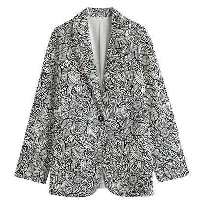 Monochrome Zentangle Pattern Print Women's Cotton Blazer