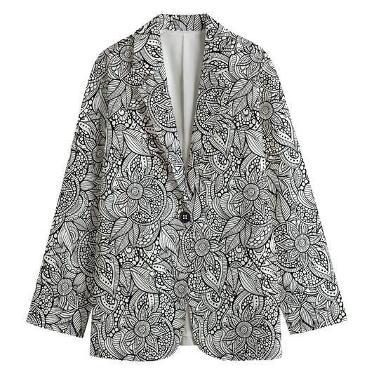 Monochrome Zentangle Pattern Print Women's Cotton Blazer