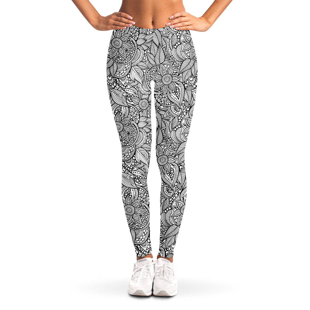 Monochrome Zentangle Pattern Print Women's Leggings
