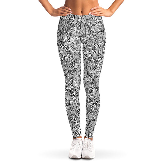 Monochrome Zentangle Pattern Print Women's Leggings