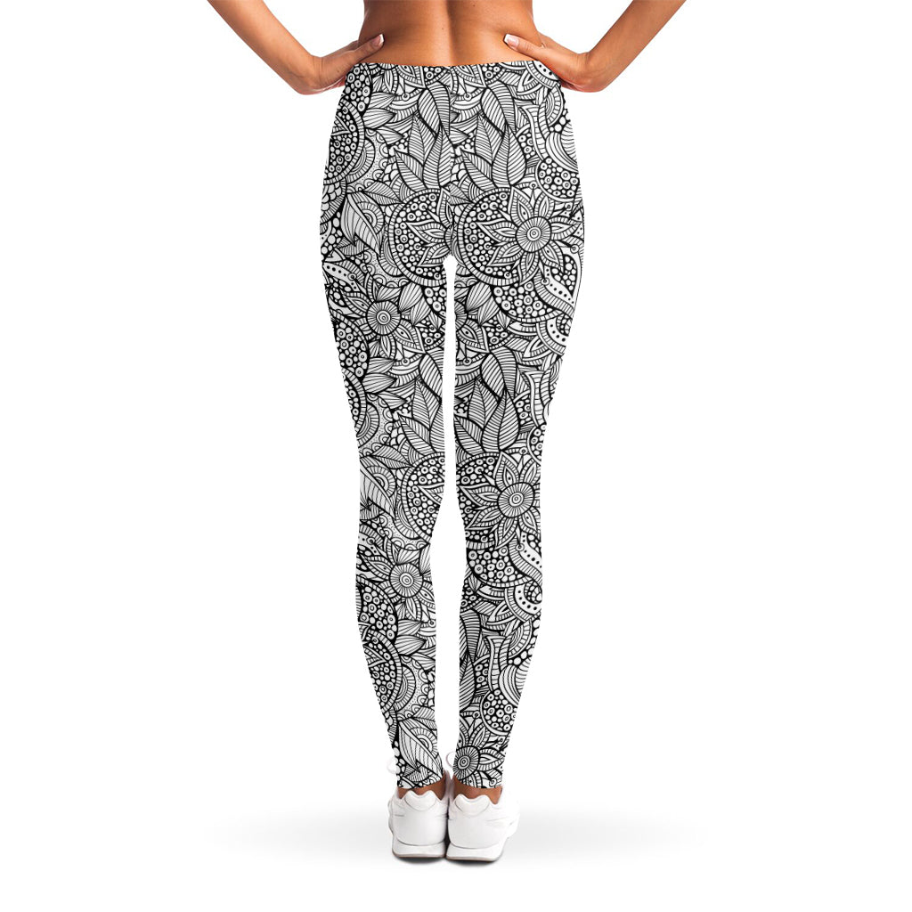 Monochrome Zentangle Pattern Print Women's Leggings
