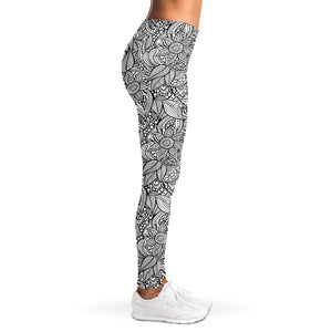 Monochrome Zentangle Pattern Print Women's Leggings
