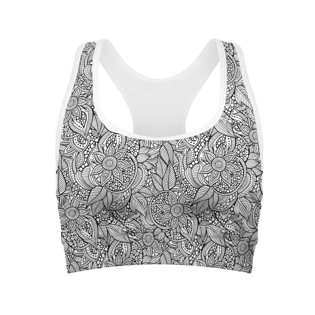 Monochrome Zentangle Pattern Print Women's Sports Bra