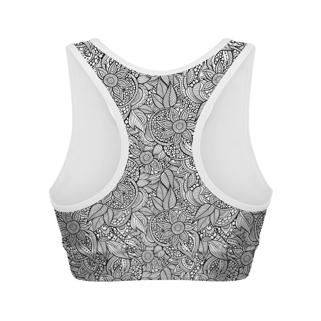 Monochrome Zentangle Pattern Print Women's Sports Bra