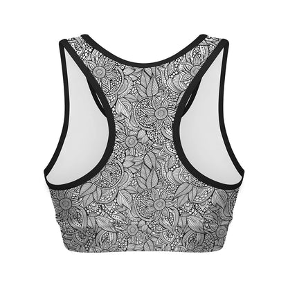 Monochrome Zentangle Pattern Print Women's Sports Bra