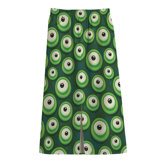 Monster Eyes Pattern Print Cotton Front Slit Maxi Skirt