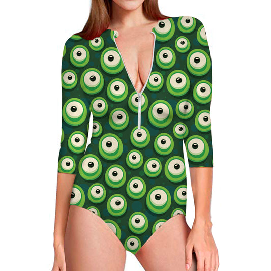 Monster Eyes Pattern Print Long Sleeve Swimsuit