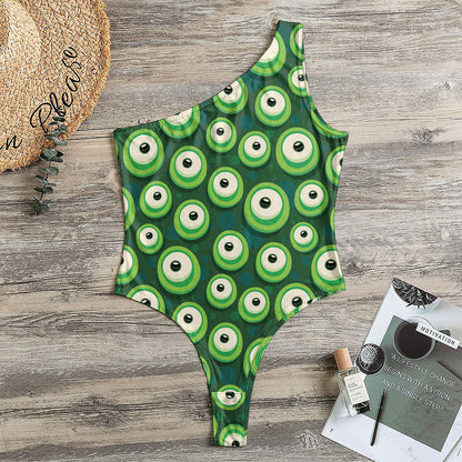 Monster Eyes Pattern Print One Shoulder Bodysuit