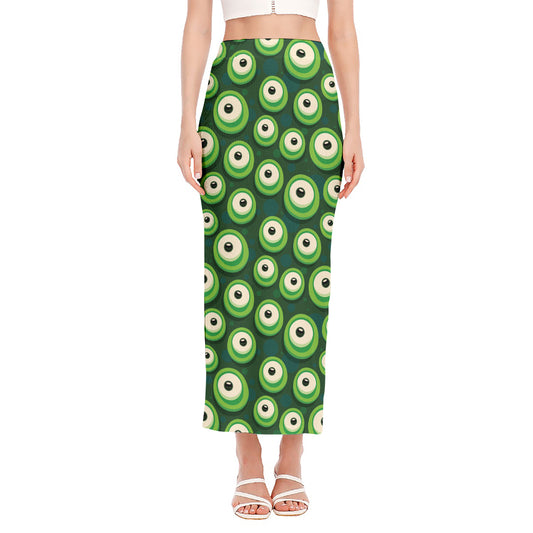 Monster Eyes Pattern Print Side Slit Maxi Skirt