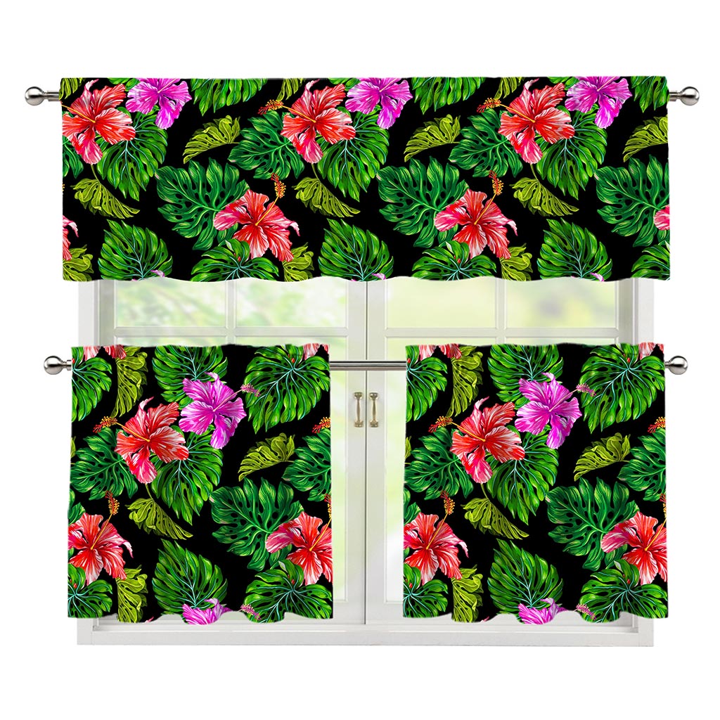 Monstera Hibiscus Hawaii Pattern Print 3 Piece Kitchen Curtains