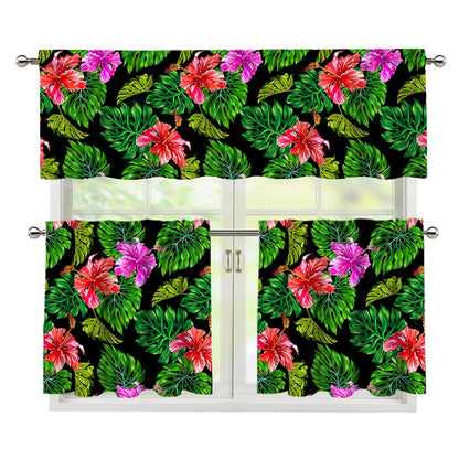 Monstera Hibiscus Hawaii Pattern Print 3 Piece Kitchen Curtains