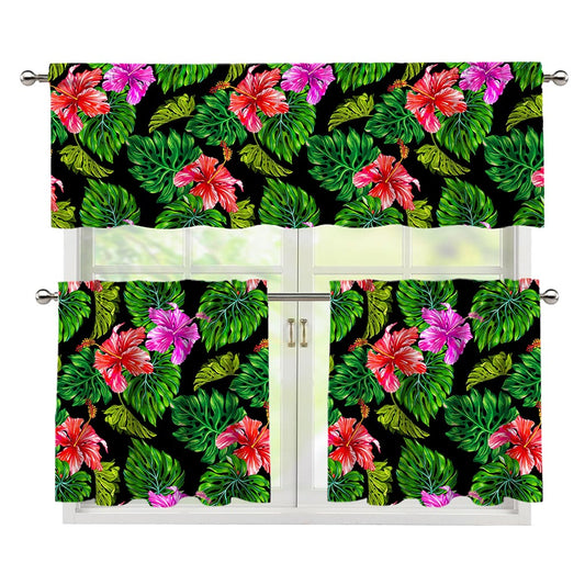 Monstera Hibiscus Hawaii Pattern Print 3 Piece Kitchen Curtains