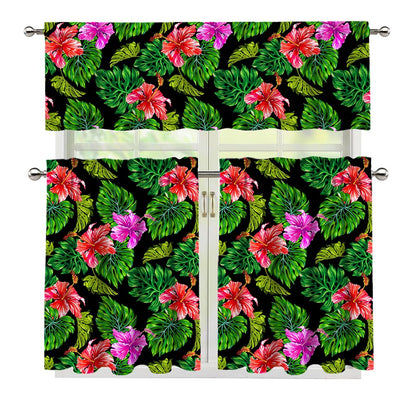 Monstera Hibiscus Hawaii Pattern Print 3 Piece Kitchen Curtains