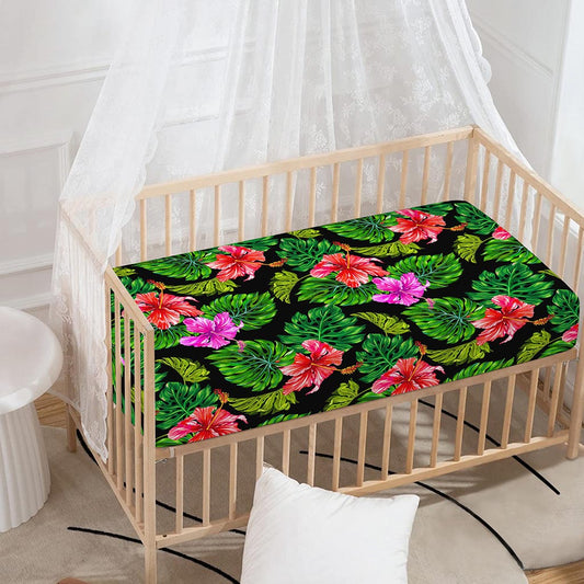 Monstera Hibiscus Hawaii Pattern Print Baby Crib Sheet