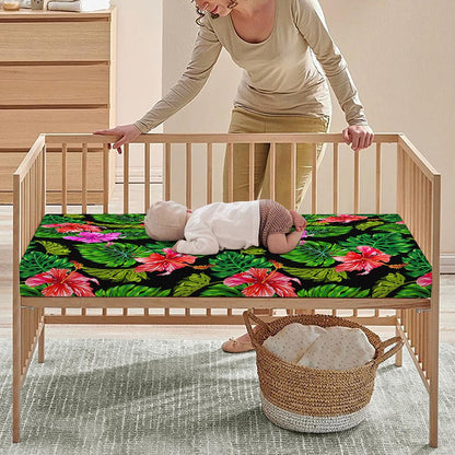 Monstera Hibiscus Hawaii Pattern Print Baby Crib Sheet