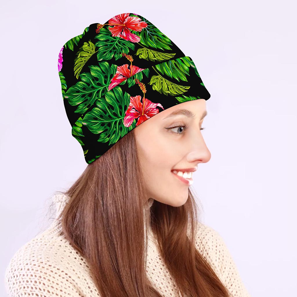 Monstera Hibiscus Hawaii Pattern Print Beanie