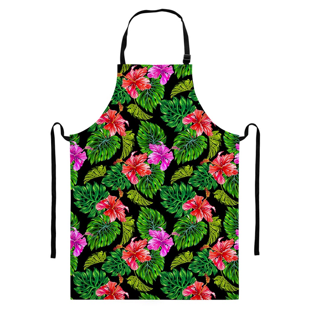 Monstera Hibiscus Hawaii Pattern Print Bib Apron With Pocket