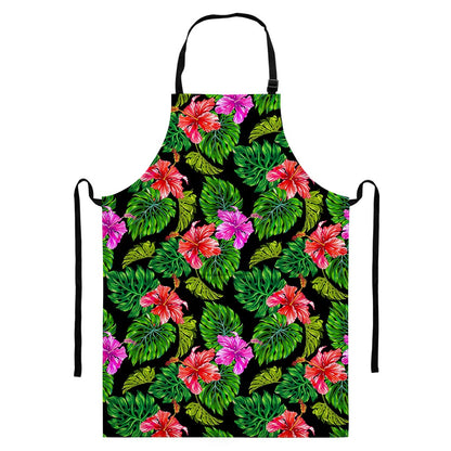 Monstera Hibiscus Hawaii Pattern Print Bib Apron With Pocket