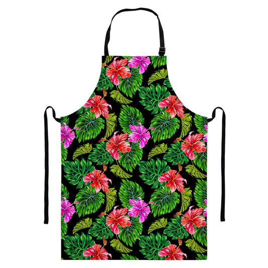 Monstera Hibiscus Hawaii Pattern Print Bib Apron With Pocket