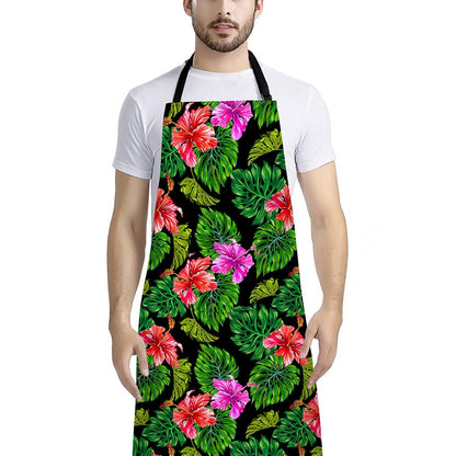 Monstera Hibiscus Hawaii Pattern Print Bib Apron With Pocket
