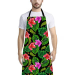 Monstera Hibiscus Hawaii Pattern Print Bib Apron With Pocket