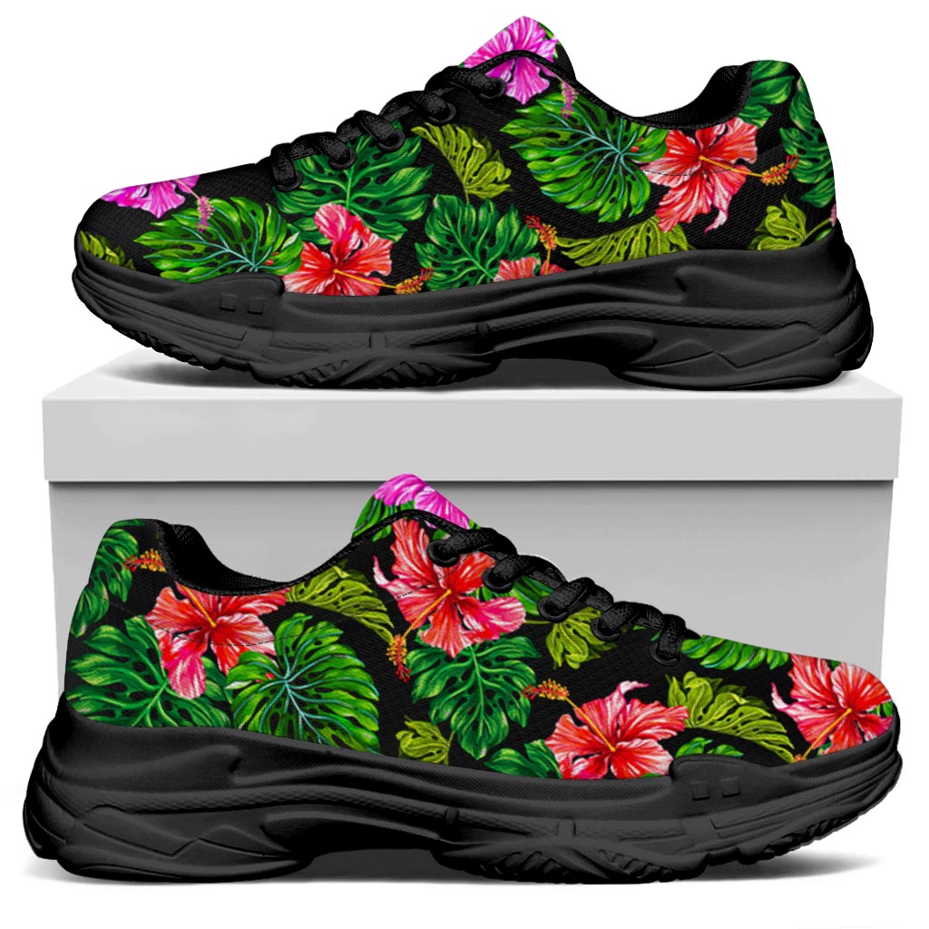 Monstera Hibiscus Hawaii Pattern Print Black Chunky Shoes