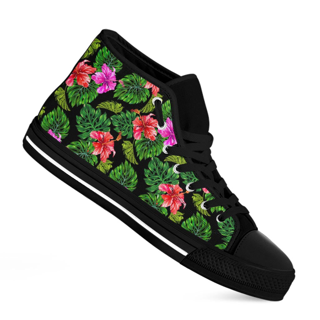 Monstera Hibiscus Hawaii Pattern Print Black High Top Sneakers