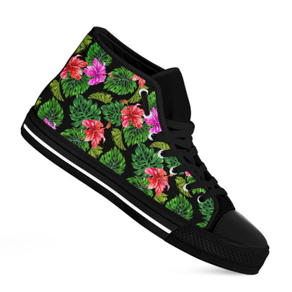 Monstera Hibiscus Hawaii Pattern Print Black High Top Sneakers