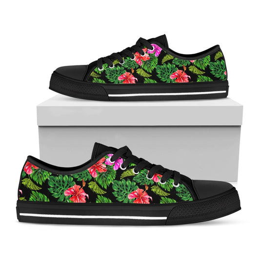 Monstera Hibiscus Hawaii Pattern Print Black Low Top Sneakers