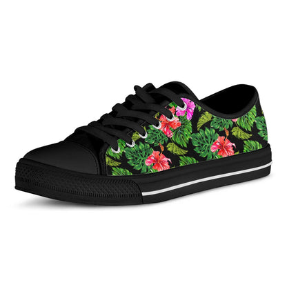 Monstera Hibiscus Hawaii Pattern Print Black Low Top Sneakers