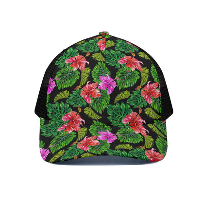 Monstera Hibiscus Hawaii Pattern Print Black Mesh Trucker Cap