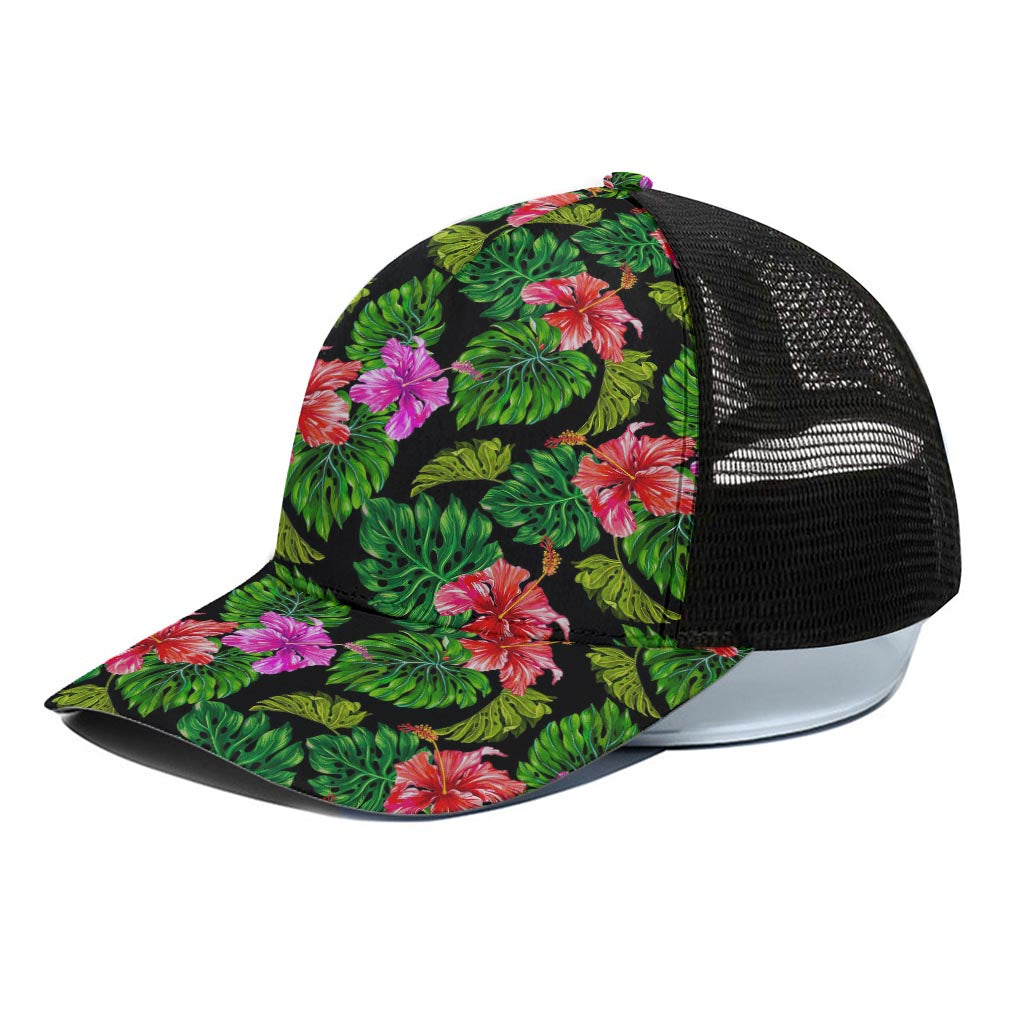 Monstera Hibiscus Hawaii Pattern Print Black Mesh Trucker Cap