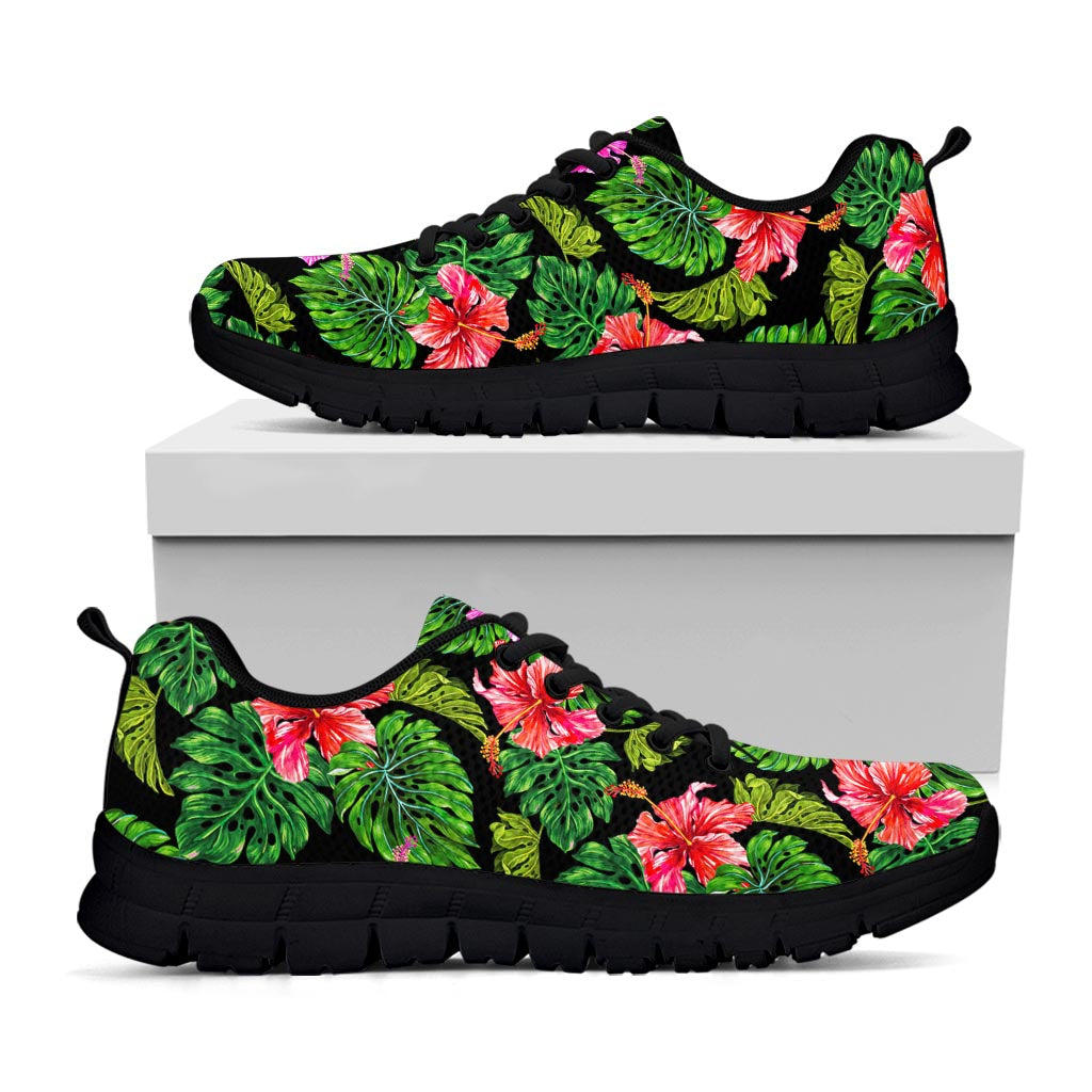 Monstera Hibiscus Hawaii Pattern Print Black Running Shoes