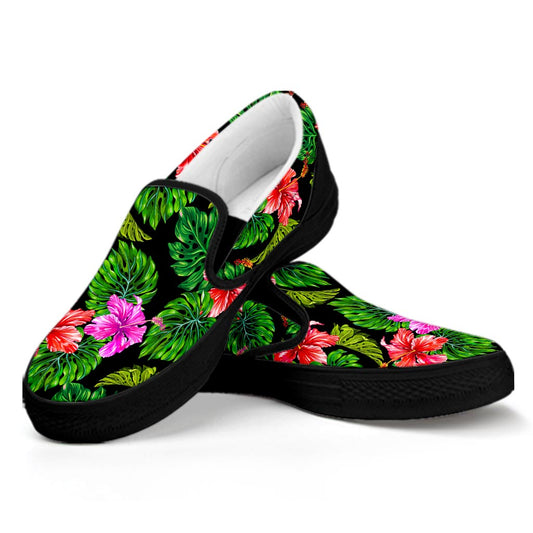Monstera Hibiscus Hawaii Pattern Print Black Slip On Sneakers