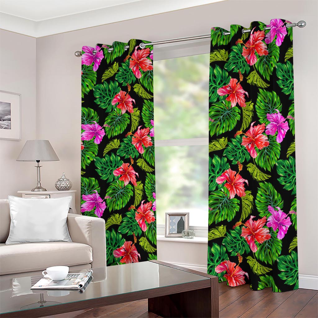 Monstera Hibiscus Hawaii Pattern Print Blackout Grommet Curtains