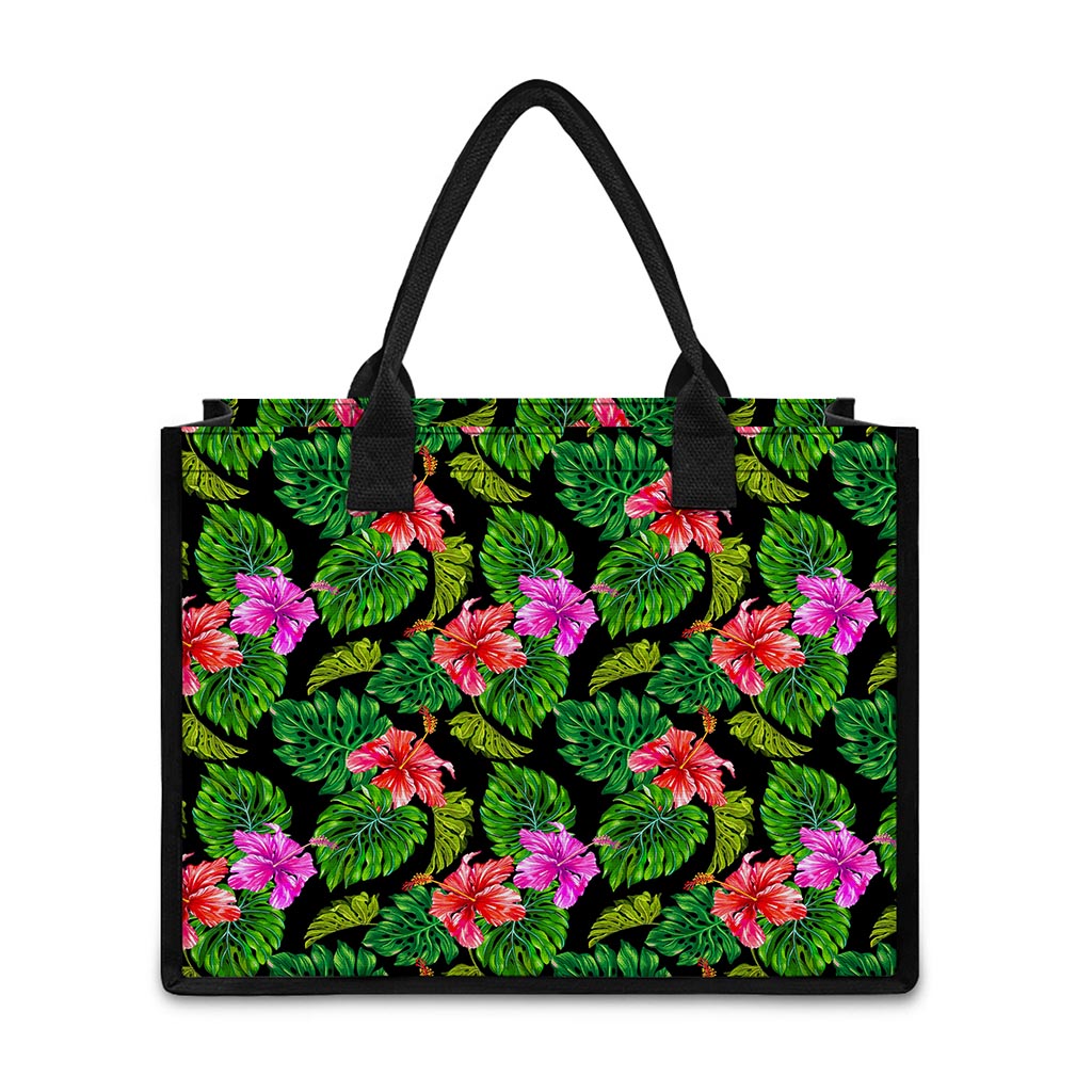 Monstera Hibiscus Hawaii Pattern Print Canvas Tote Bag