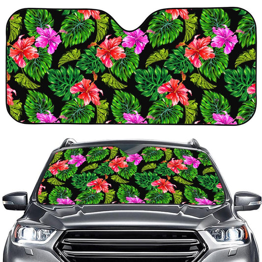 Monstera Hibiscus Hawaii Pattern Print Car Windshield Sun Shade